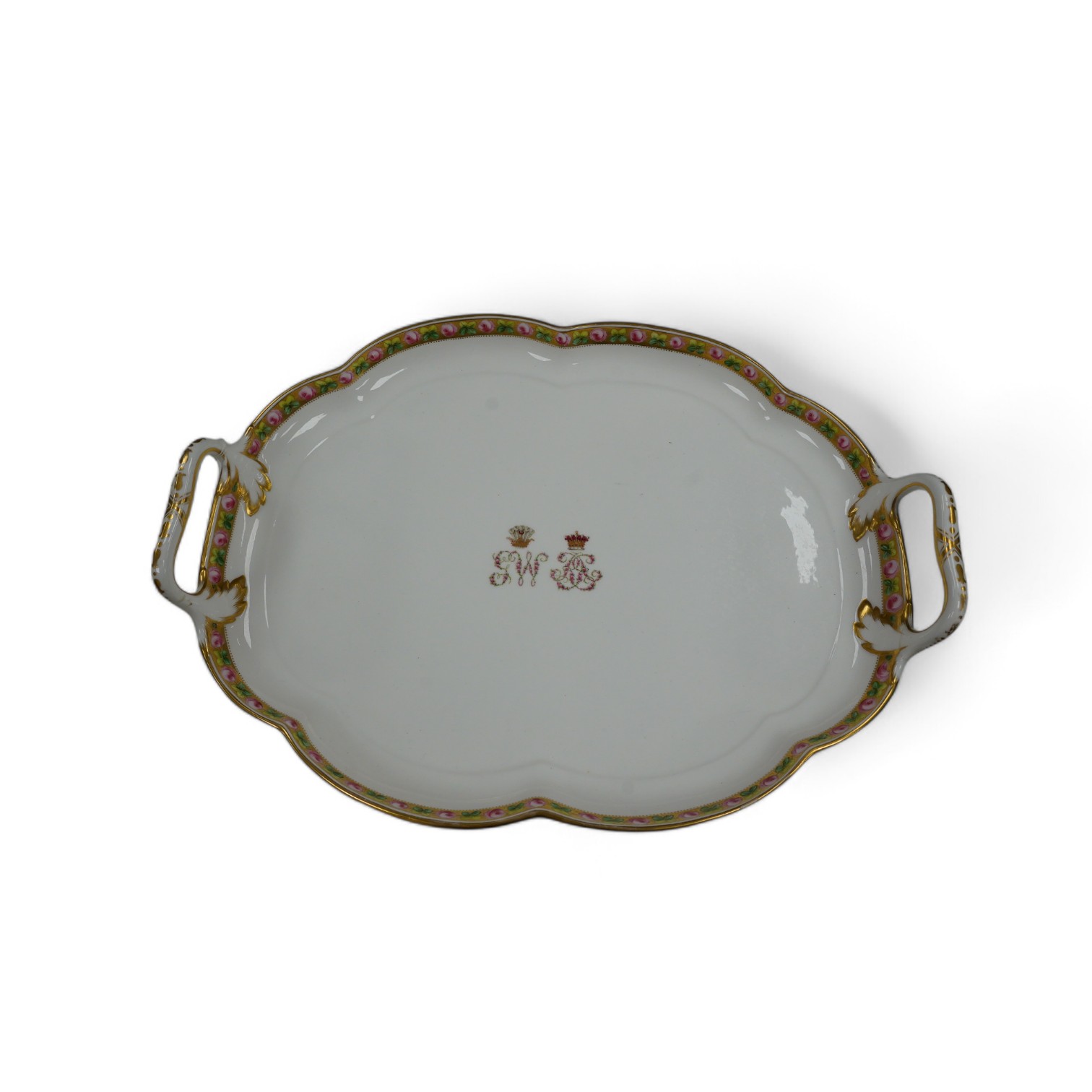 A large 19th century, T Goode & Co. retailed porcelain floral tray, in a mood with a coronet, 43cm wide. Condition - fair, handles cracked